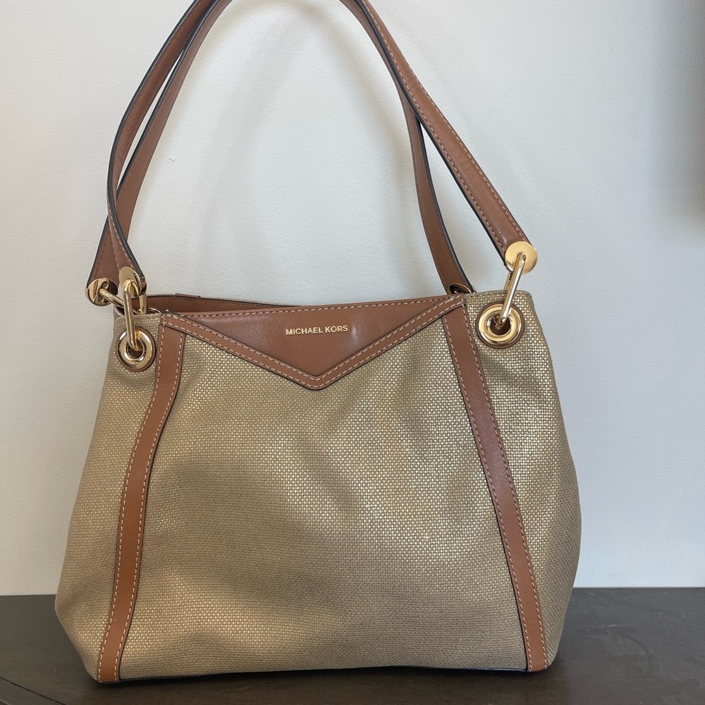 Michael Kors Tan Gold Shoulder Bag with Leather Trim